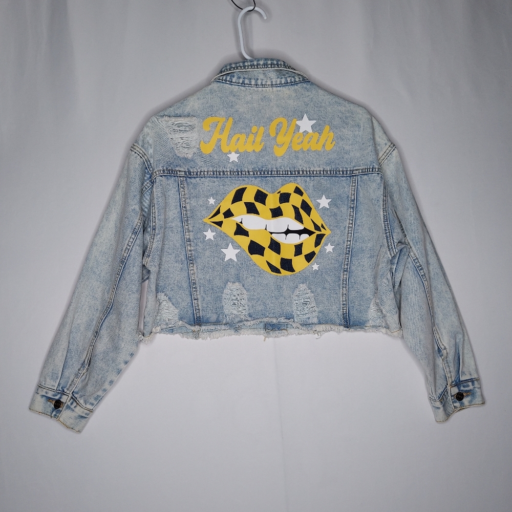 Rivalry Runway Denim Jacket Womens M Distressed Blue Yellow MICHIGAN Hail UofM